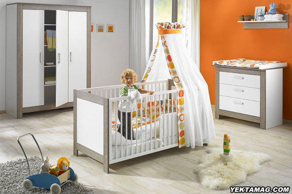 مدل تخت و کمد نوزاد با رنگ نارنجی